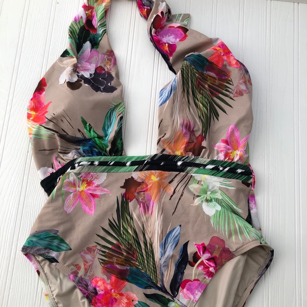 V neck halter tropical one piece swimsuit
